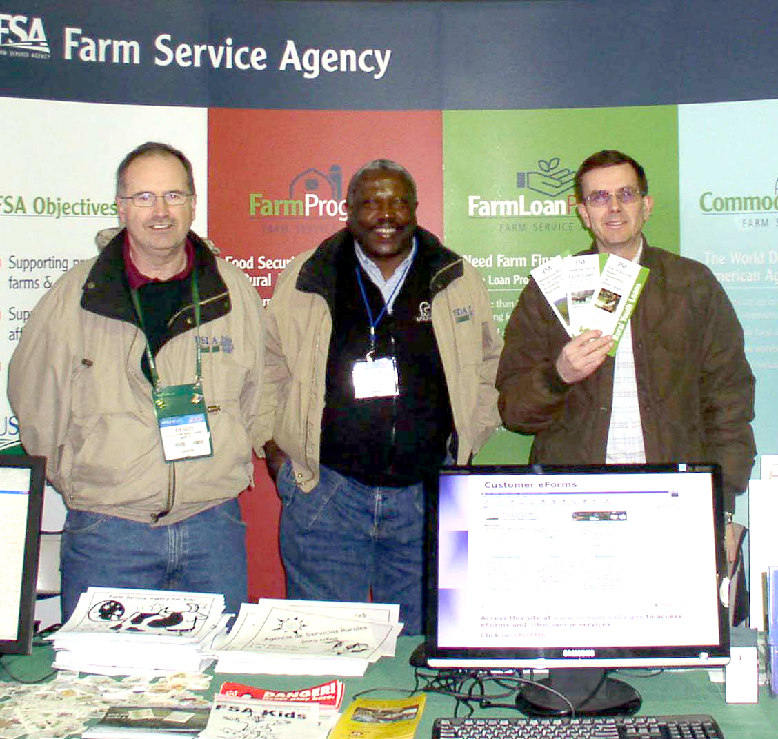 FSA team members in California (left to right) Ken Ogden, Bee Payne and Lavon Treasure are just three of the 17 staff who worked the crowd to share program and loan information, and to demonstrate FSA’s computer-based tech tools.