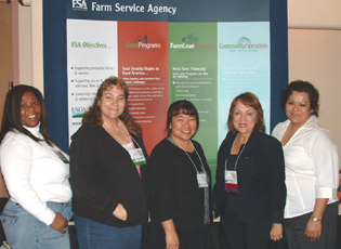 The friendly FSA California staff is ready to assist attendees with translation and provide program and loan information.(Left to right) Sherrie Hodge, PT, Bakersfield; Terrie Hetzell, PT, Santa Maria; Phoua Yang, PT, Fresno; Monique Kristofors, State Outreach Coordinator, State Office; Lisa Velasquez, CED, Sonoma Marin.
