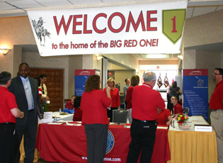The career fair registration table welcomed attendees at Fort Riley, also known as “Home of the Big Red One.”