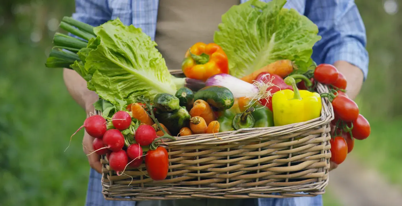 woman holds a basket of vegetables and greens